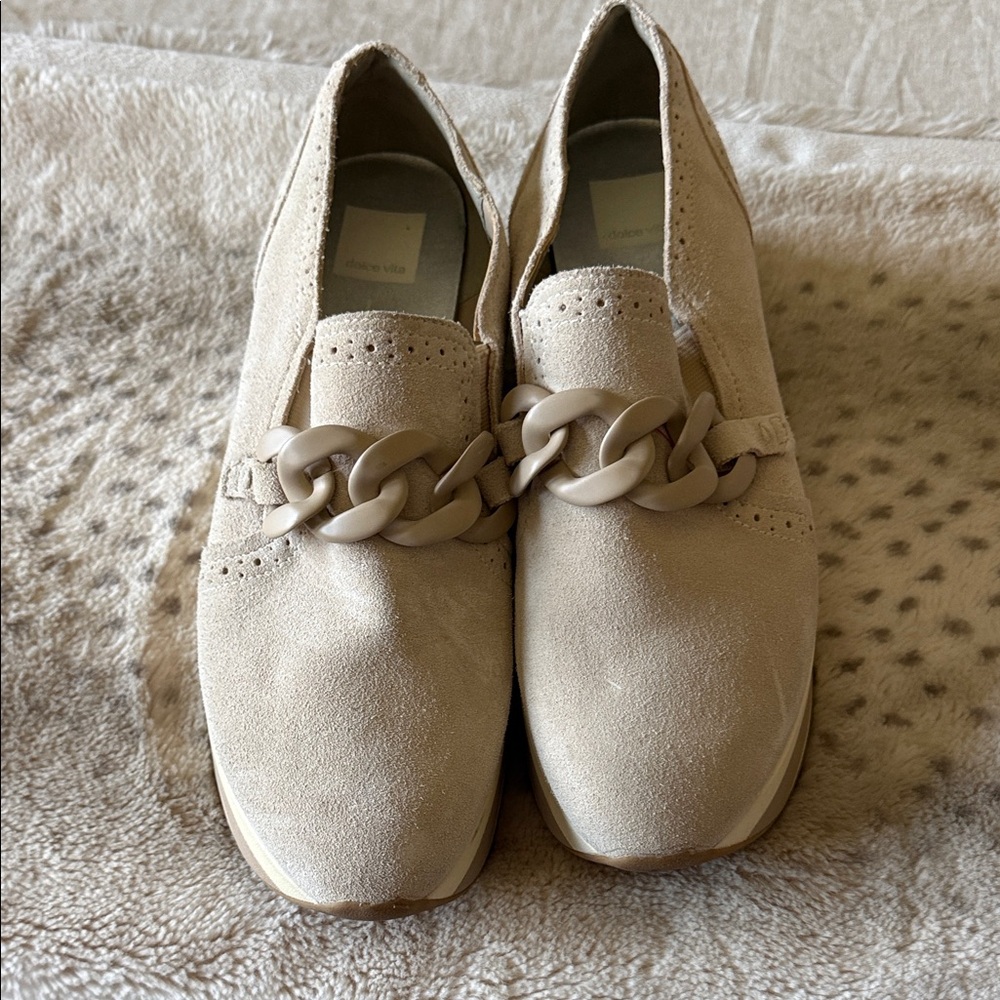 Dolce Vita Beige Suede Loafers with Chunky Chain